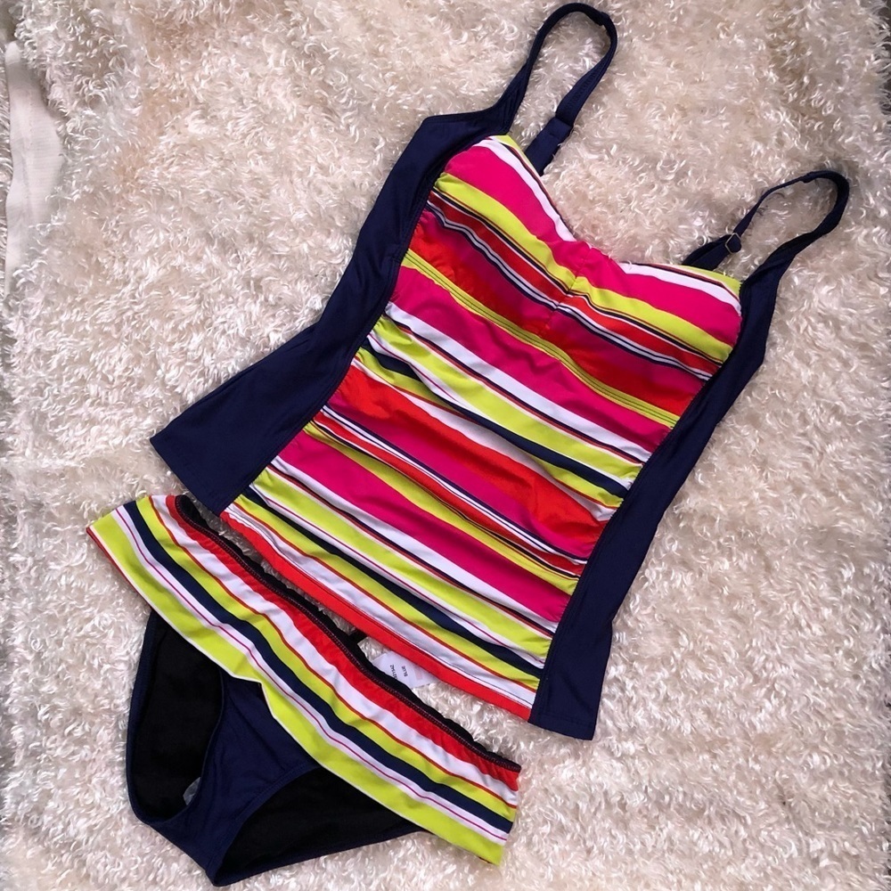 Alex Marie 2 Piece Swimsuit Tankini Set Navy Blue & Colorful Stripes Padded Top